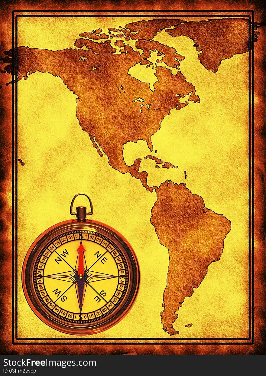 A map with a compass North and South America