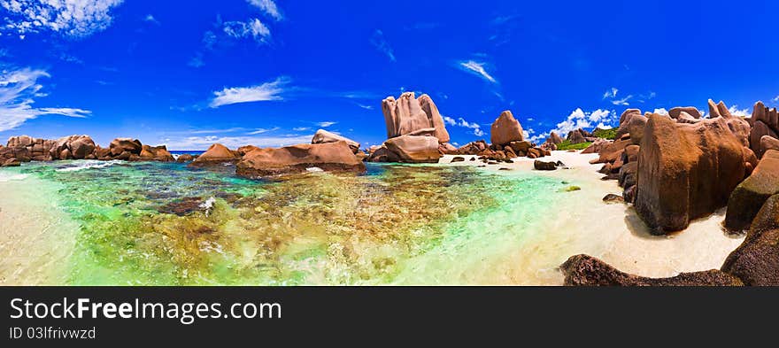 Panorama of tropical beach at Seychelles