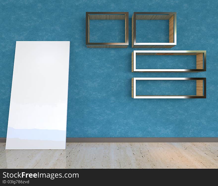 Interior design 3d render modern with blue room shelves wood mixed with Stainless steel and picture frame.