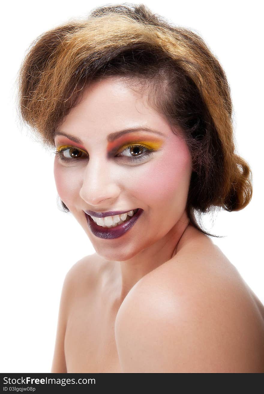 Female against white with colourful make up