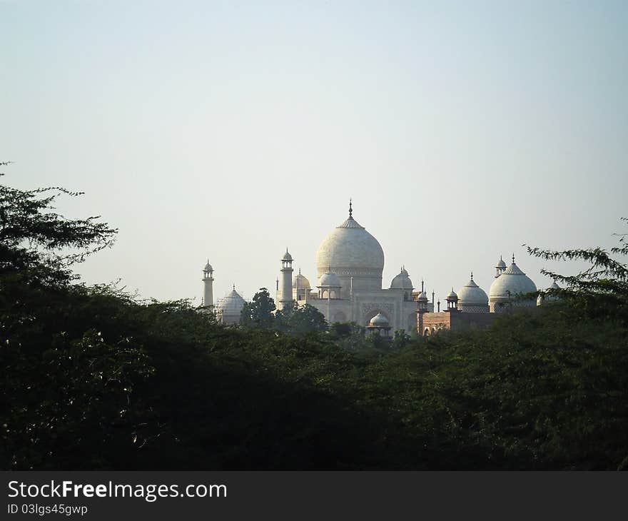 Taj Mahal in Agra, India seen from a distance, partly covered by trees. Taj Mahal in Agra, India seen from a distance, partly covered by trees.