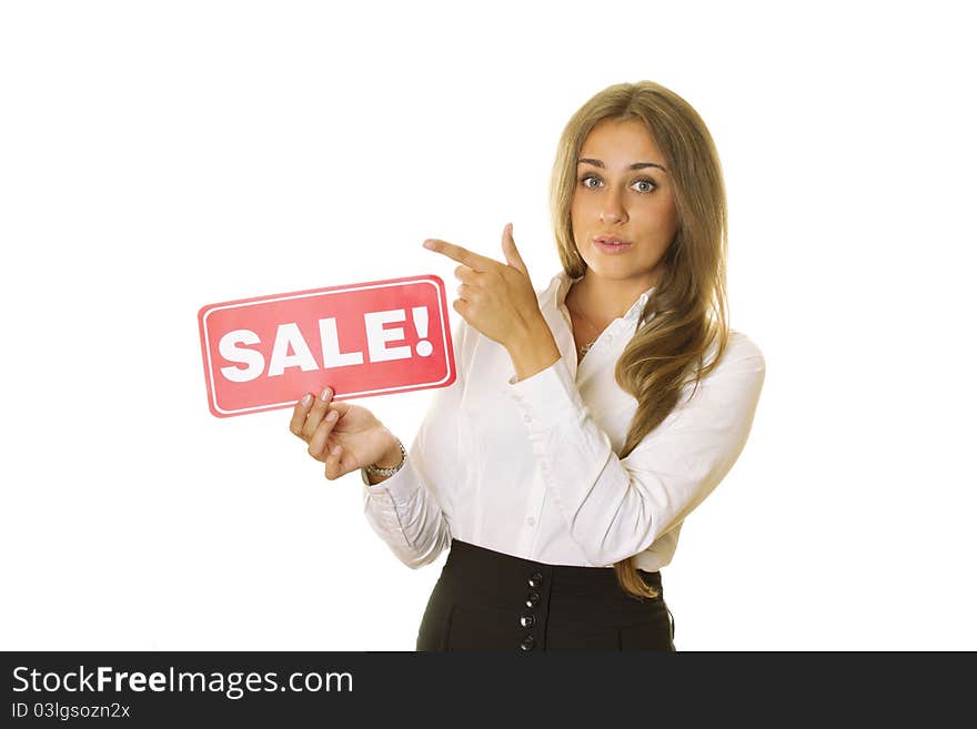 Businesswoman holding sale card