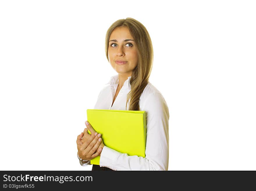 Close-up of a modern attractive business woman with folder. Isolated on a white background. Close-up of a modern attractive business woman with folder. Isolated on a white background