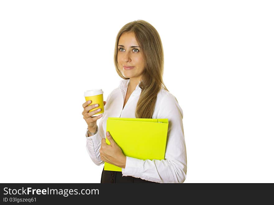 Close-up of a modern attractive business woman with a folder and a glass of coffee. Isolated on a white background. Close-up of a modern attractive business woman with a folder and a glass of coffee. Isolated on a white background