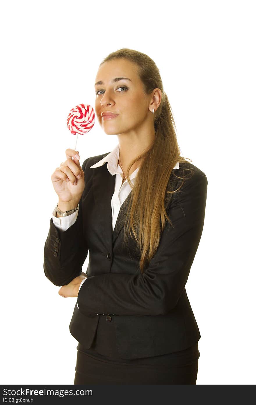 Close up of young business woman with a lollipop. Isolated on a white background. Close up of young business woman with a lollipop. Isolated on a white background