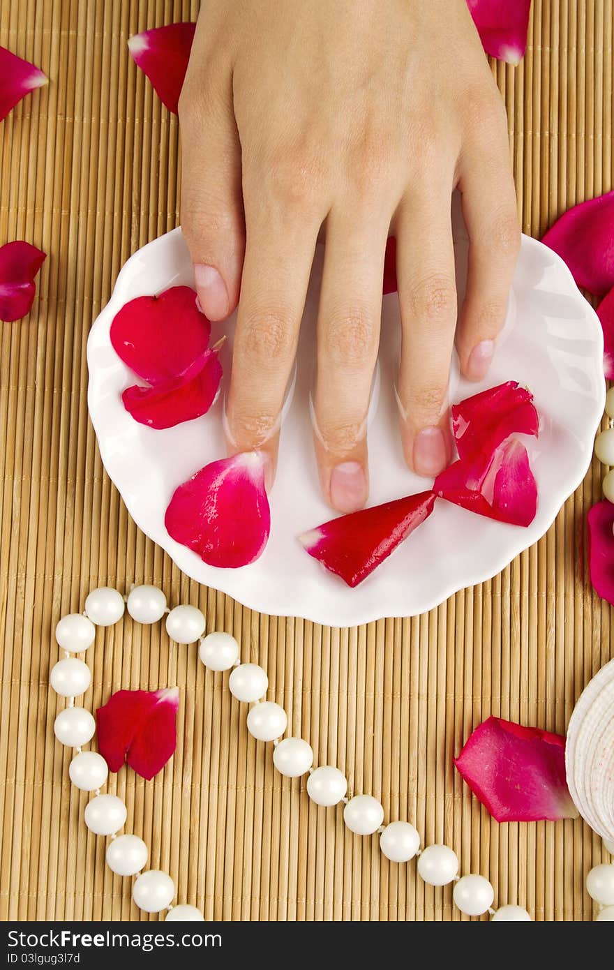 Close-up of girl's hand dropped into a saucer of water near a lot of rose petals. Spa services. Close-up of girl's hand dropped into a saucer of water near a lot of rose petals. Spa services