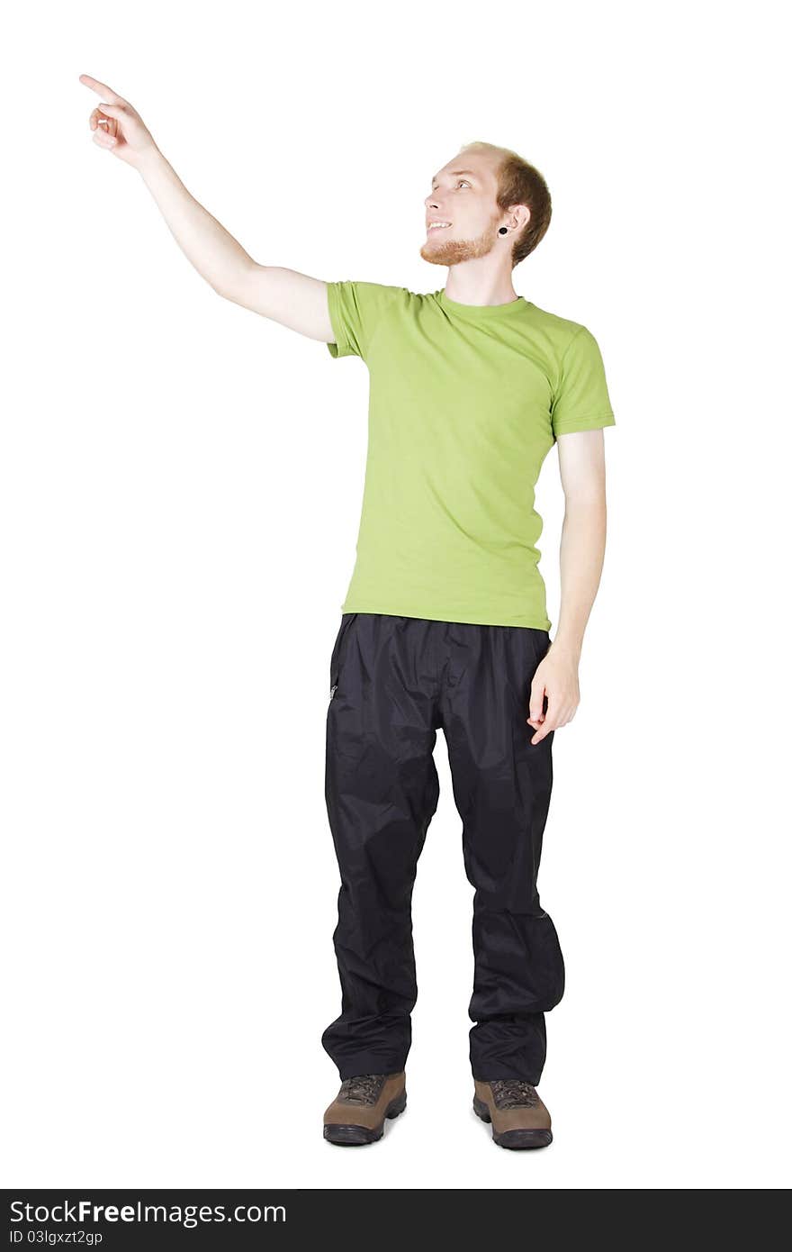 Man in green shirt pointing by finger