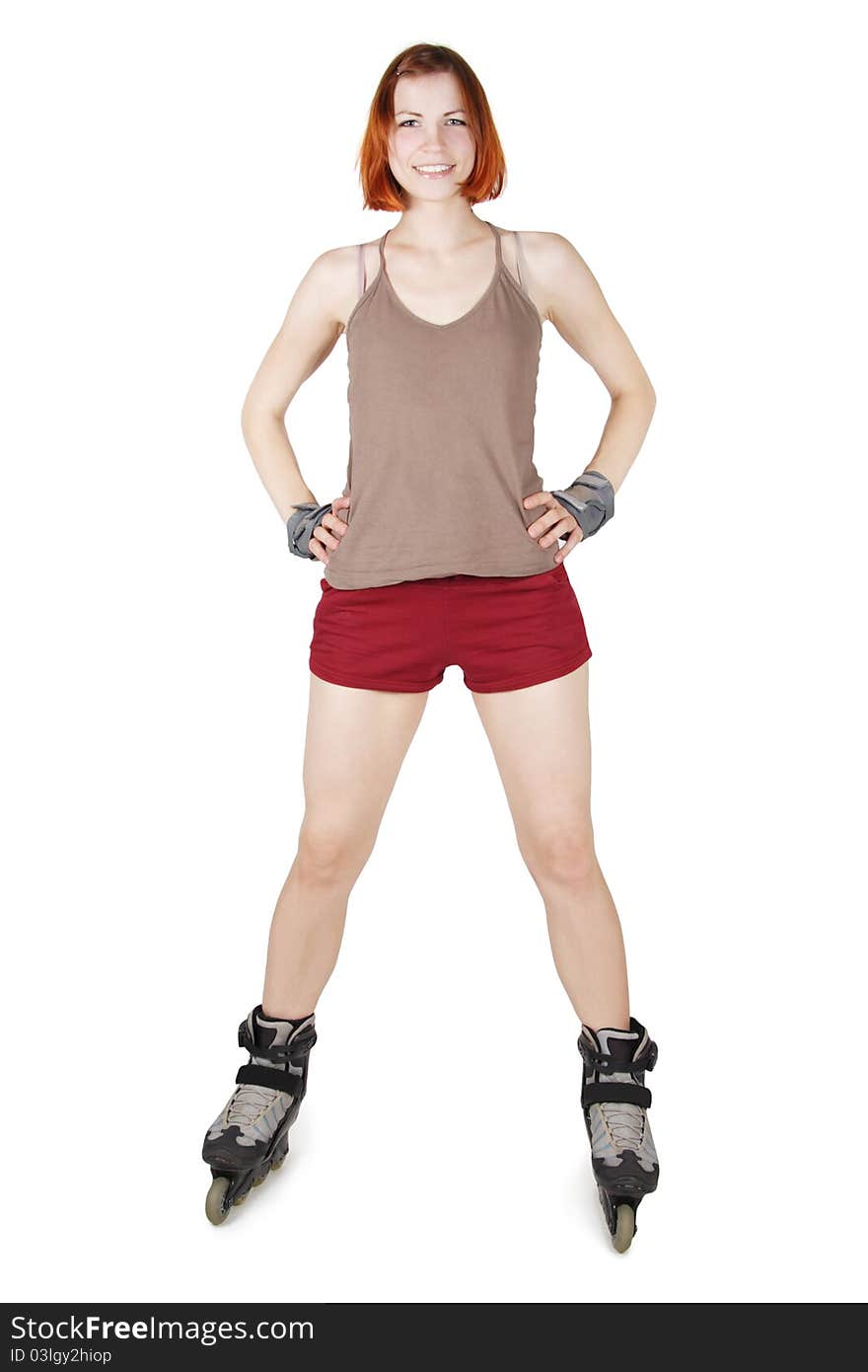 Girl on rollerblades standing isolated