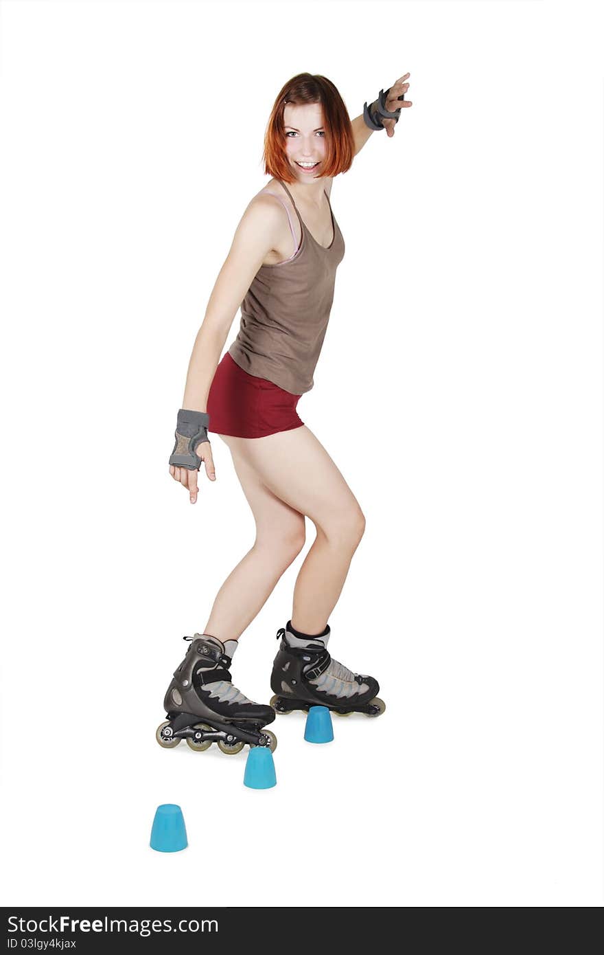 Girl on rollerblades, artistic slalom,  isolated