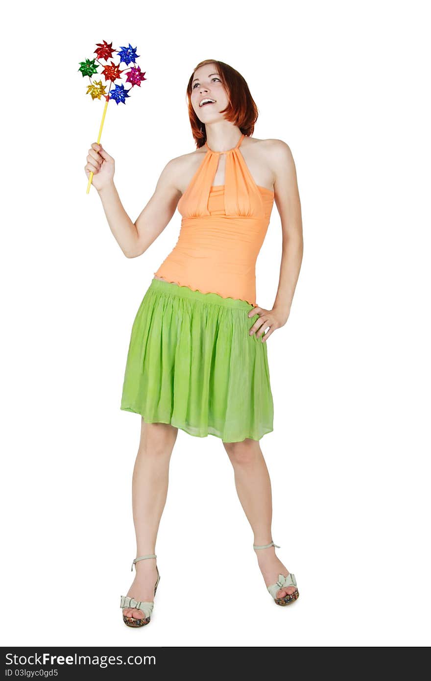 Girl In Bright Clothes Holding Pinwheella