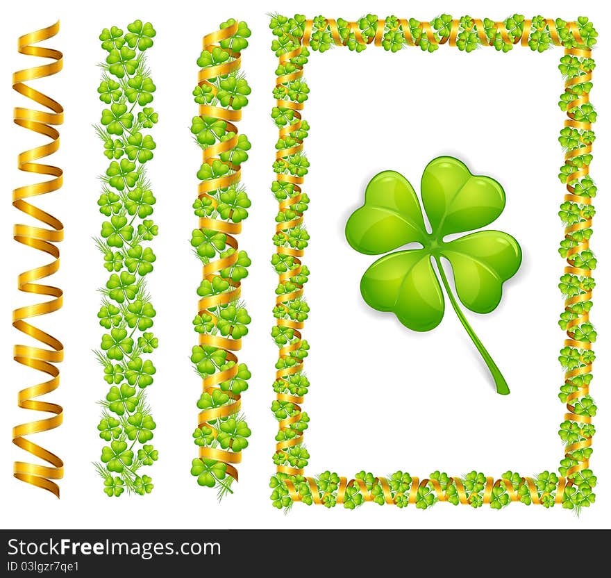 Frame with green clover leaves and gold ribbon, isolated on white background illustration. Frame with green clover leaves and gold ribbon, isolated on white background illustration