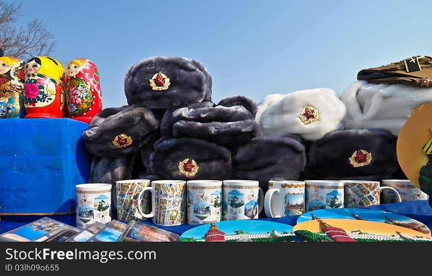 Russian national souvenir hat with ear-flaps