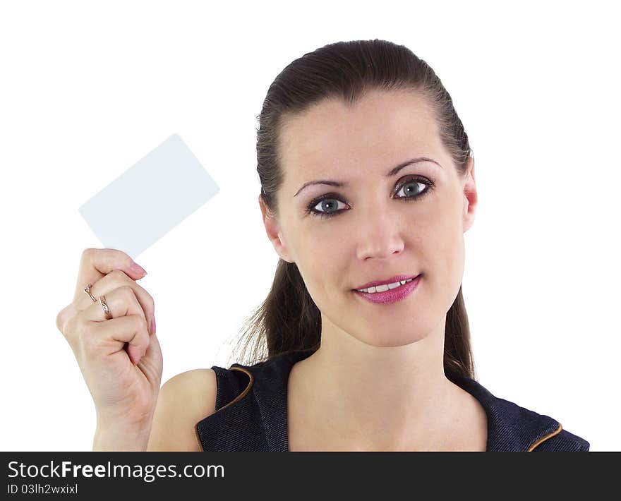 Beautiful woman holding blank card on a white background