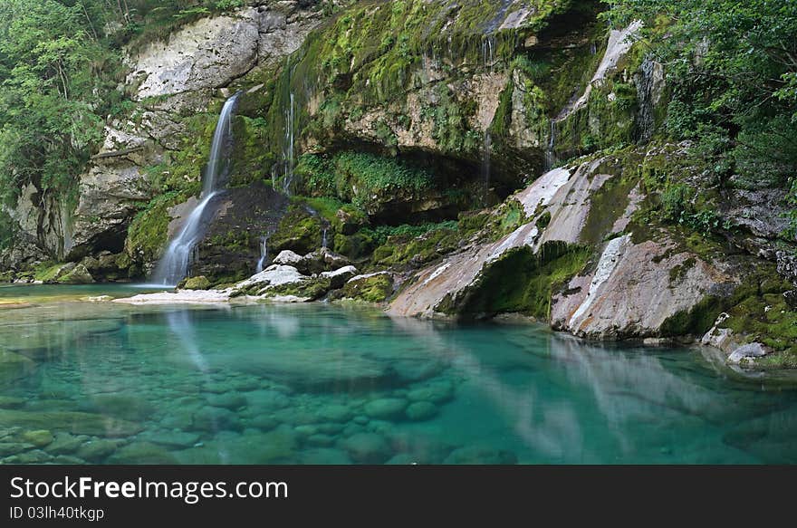 Virje waterfall on the hiking trail above Pluzna village (Slovenia)