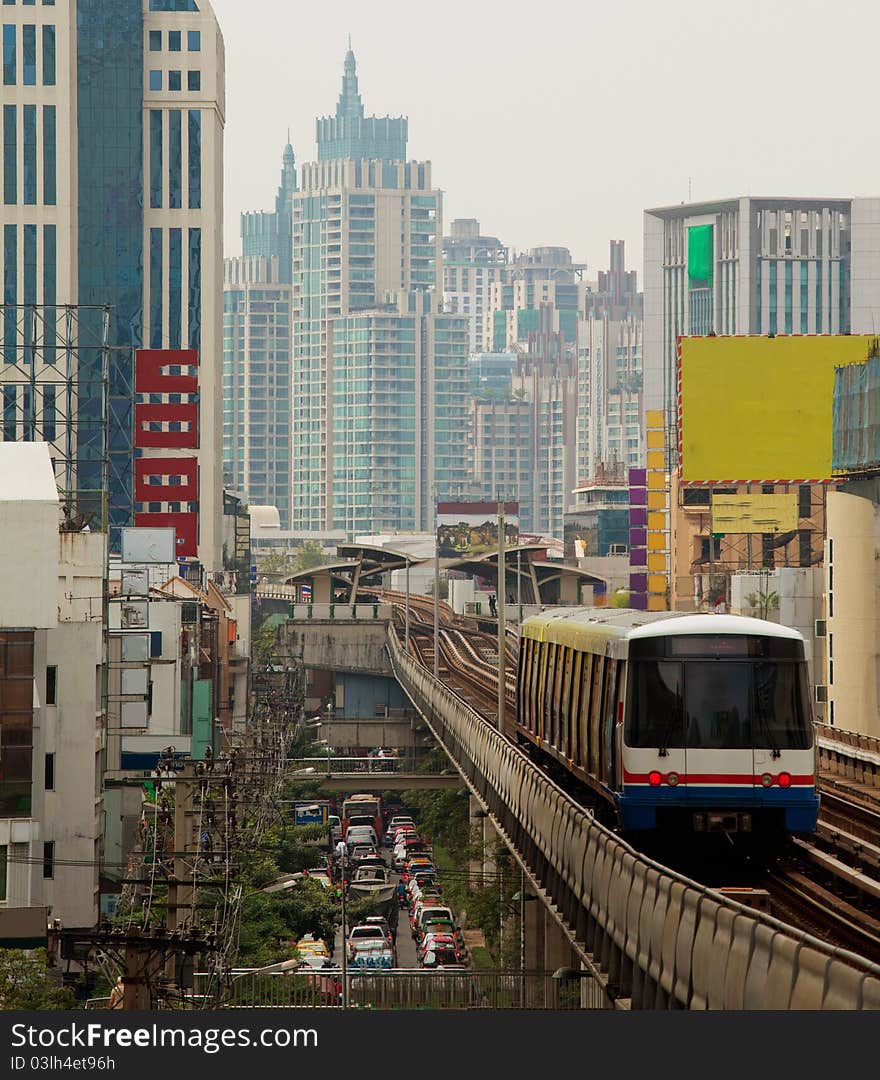 Skytrain run in Bangkok ,Thailand