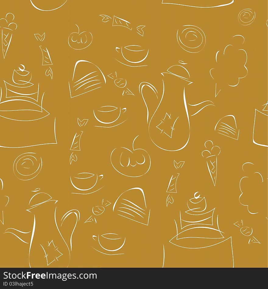 Seamless texture - coffee, cake and sweets on a brown background. Seamless texture - coffee, cake and sweets on a brown background