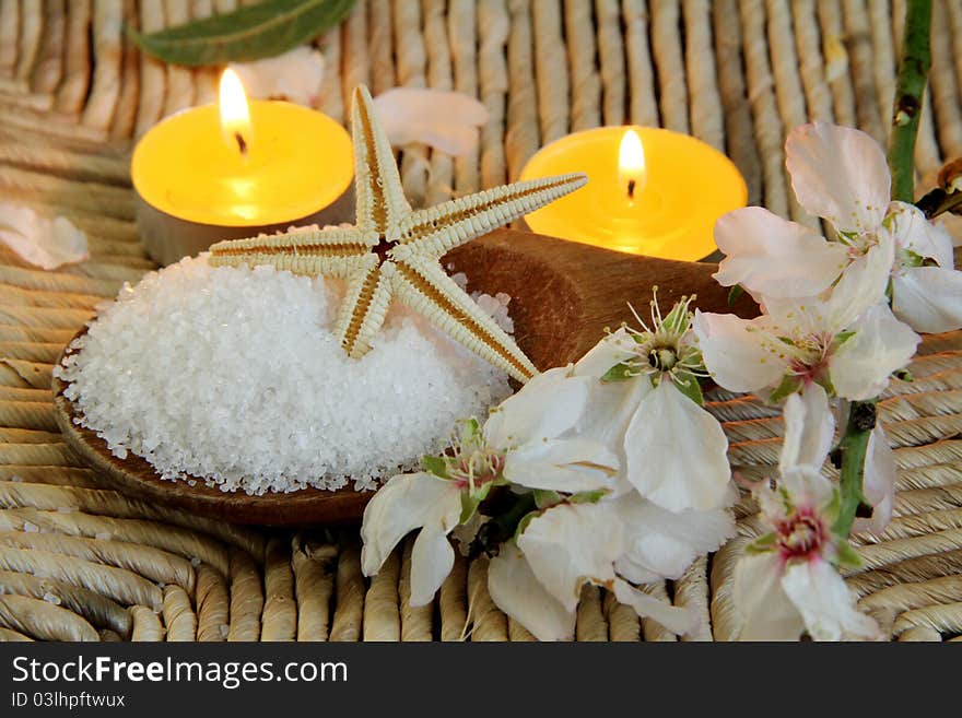 Closeup of Healthy Sea Salt with a branch of an almond tree on bamboo background. Spa background