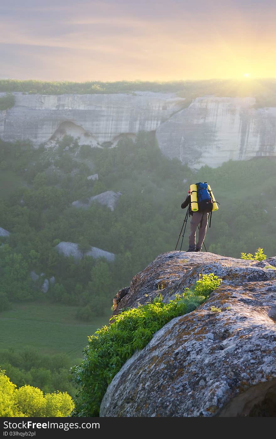 Man tourist in mountain. Leisure activity.