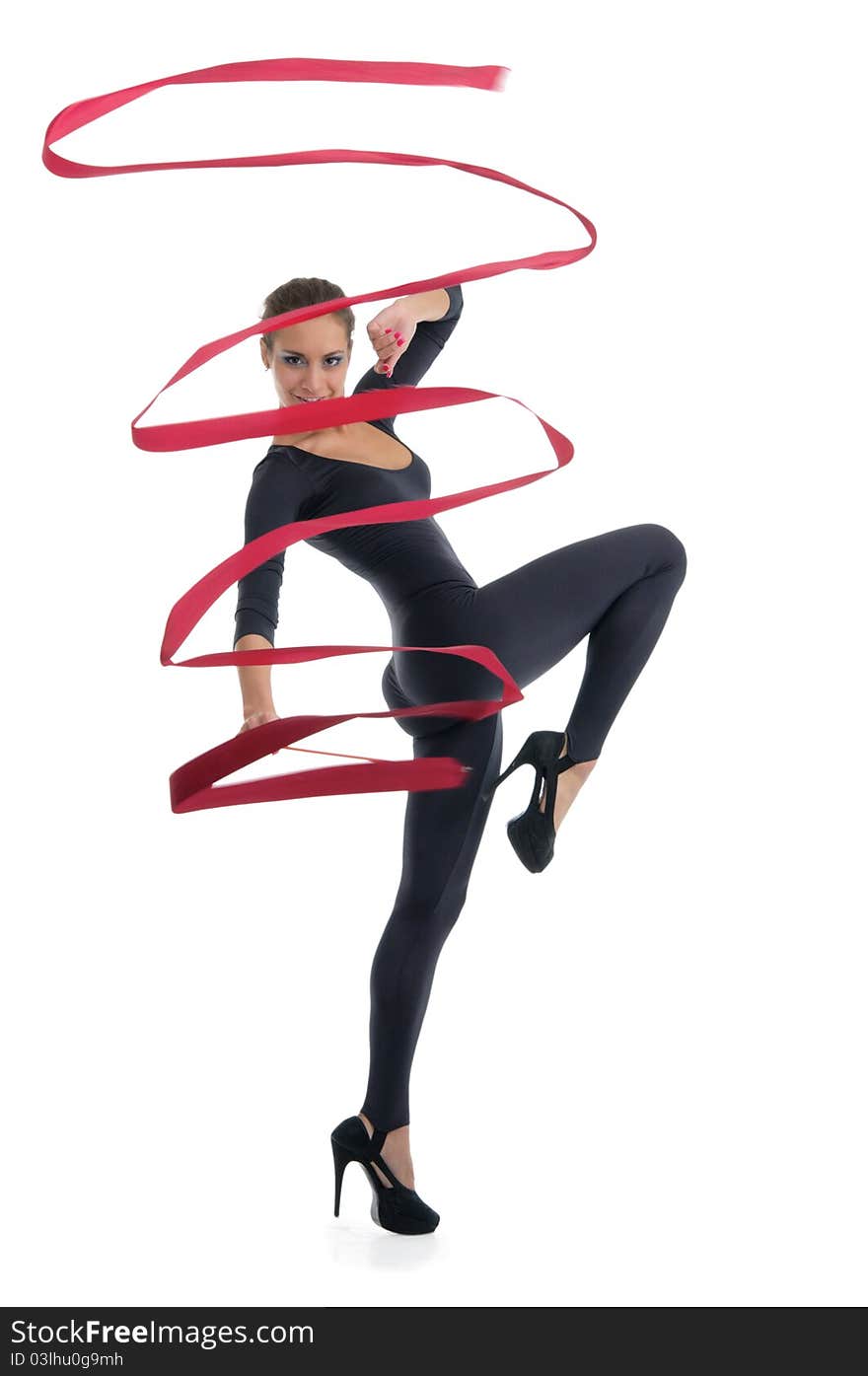 Dancing woman with red ribbon isolated on white