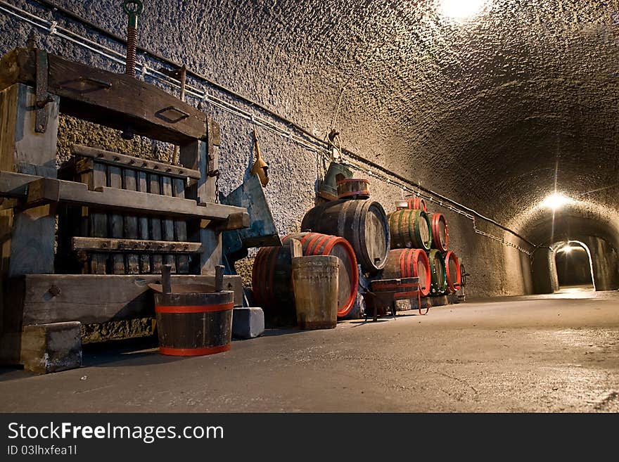 Old vine cellar with barrels and bottles