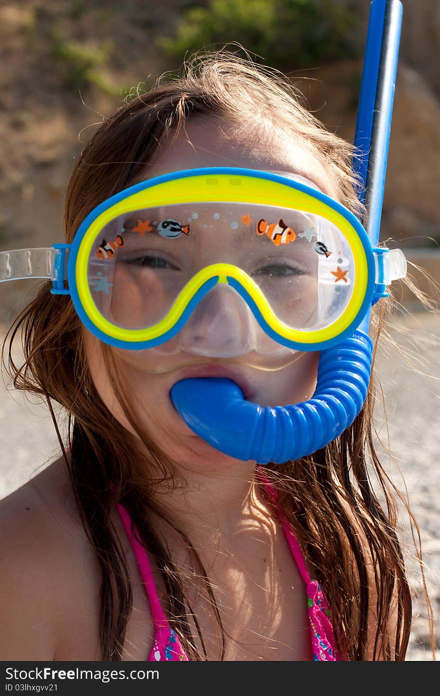 Little girl wearing mask and snorkel for diving. Little girl wearing mask and snorkel for diving