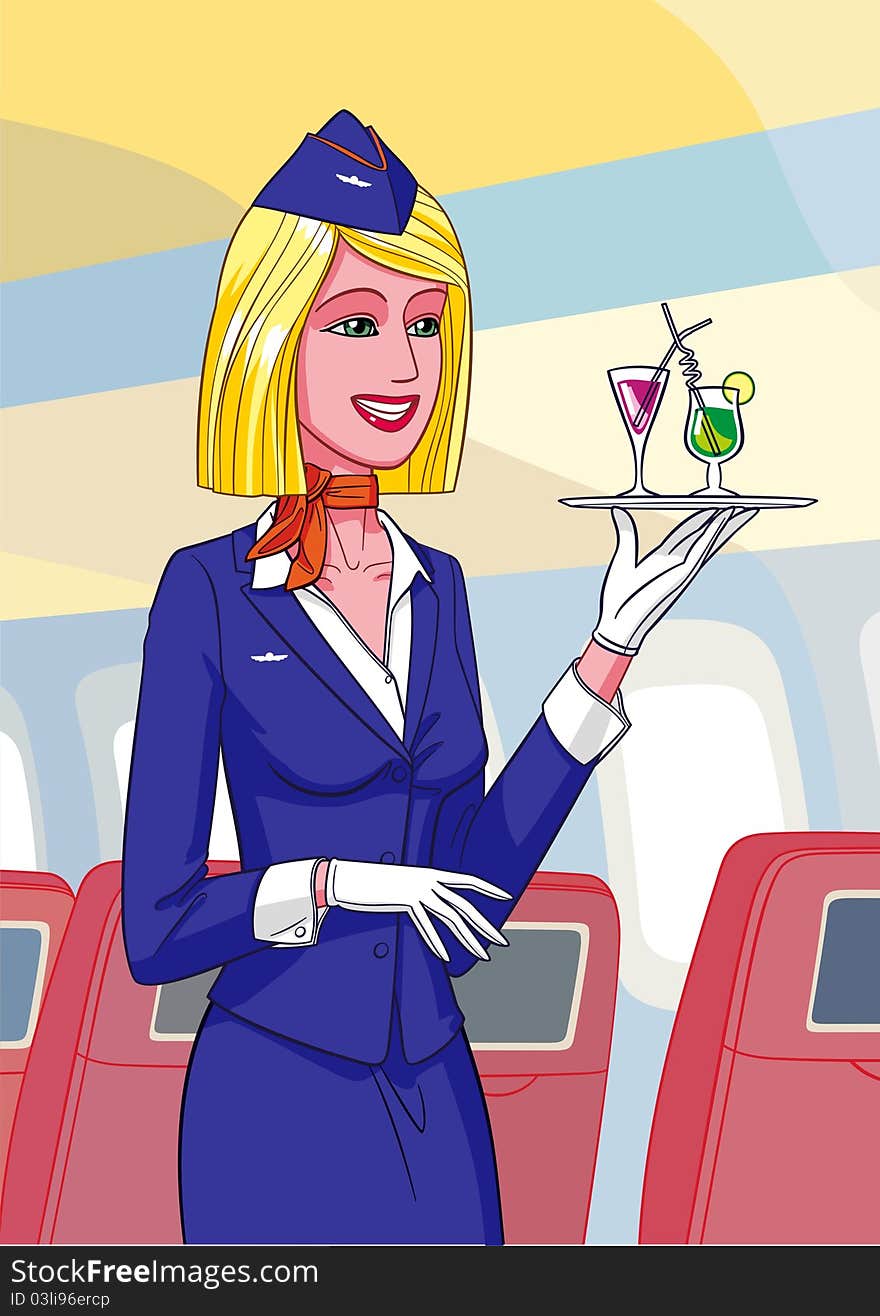 Beautiful stewardess holds a tray with drinks