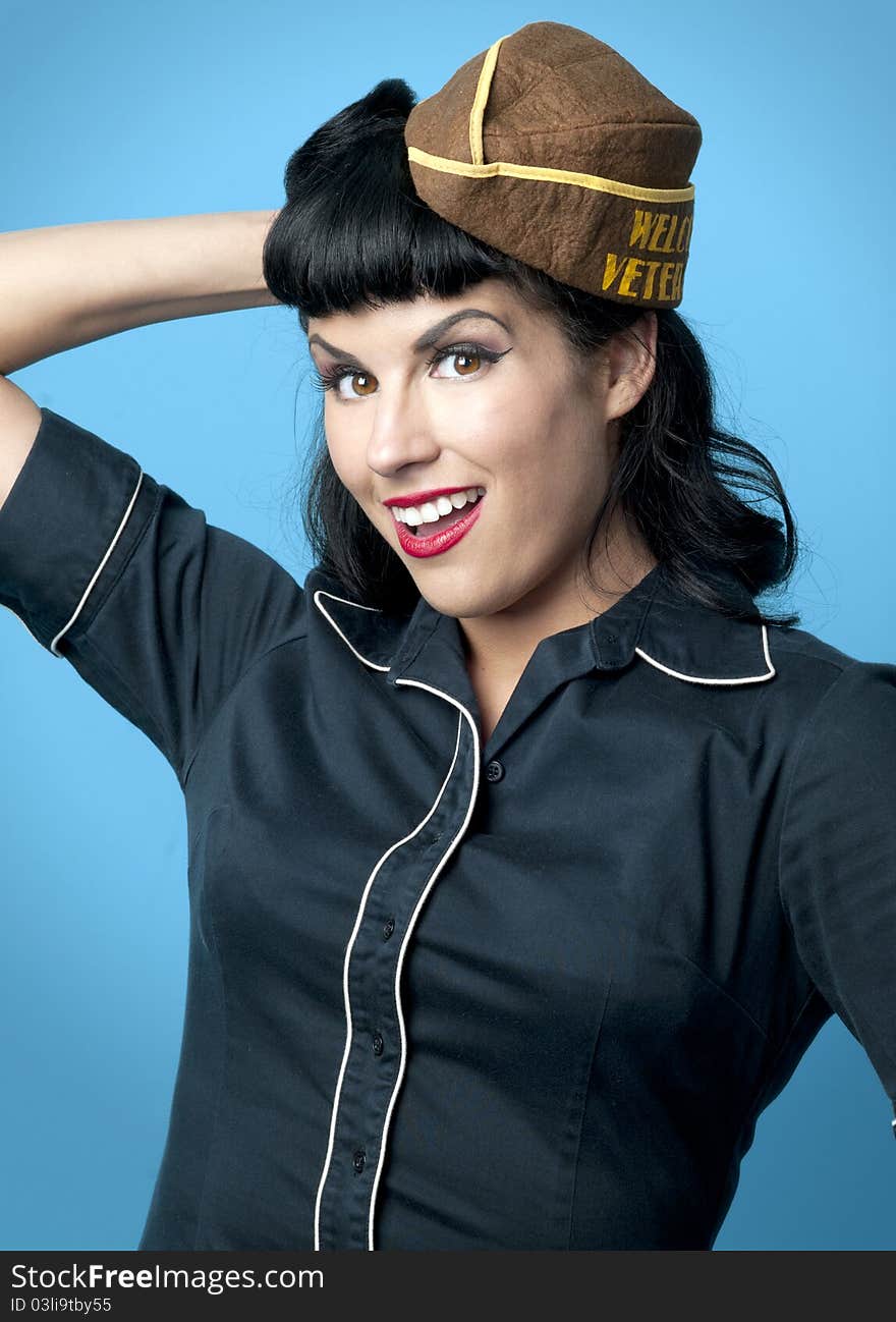 Cute Pin Up Model in Military Cap