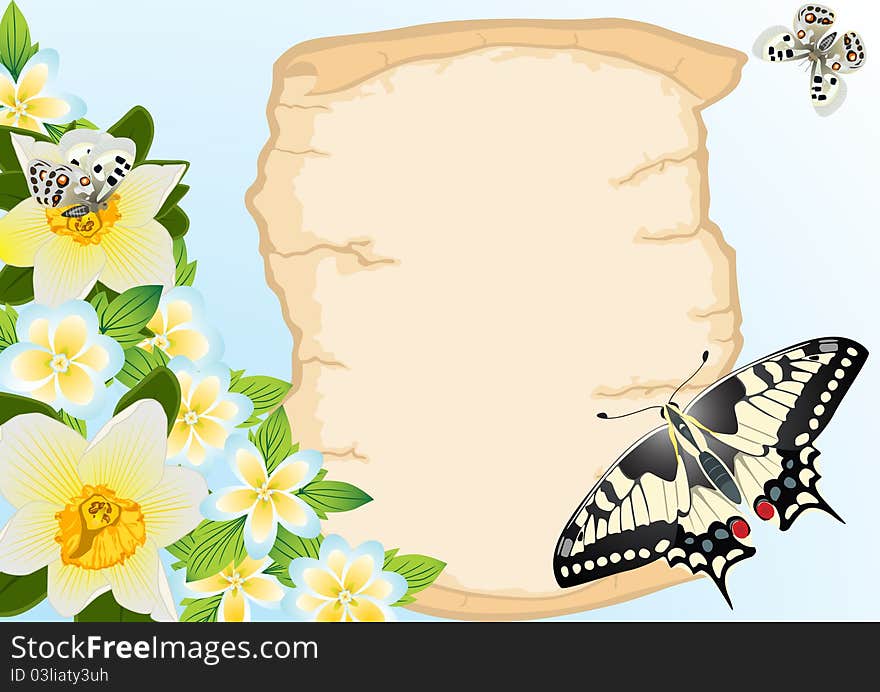 A sheet of paper against the background of flowers and flying butterflies. A sheet of paper against the background of flowers and flying butterflies