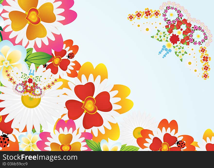 Abstract summer background of flowers, over which fly the abstract butterfly. Abstract summer background of flowers, over which fly the abstract butterfly