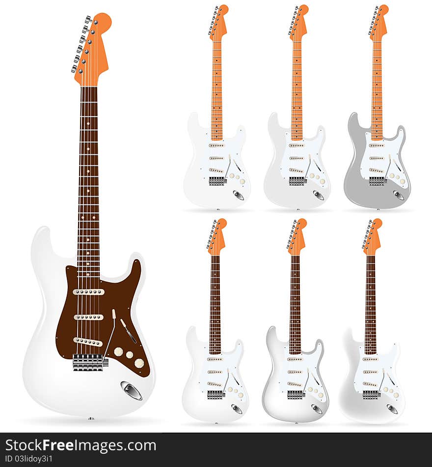 Set of white electric guitars isolated on white background