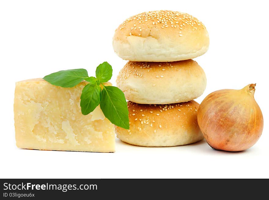 An image of three buns, cheese and onion. An image of three buns, cheese and onion