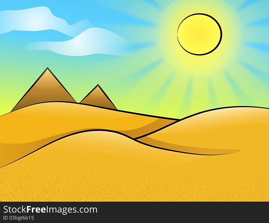 Sunny desert landscape with dunes and pyramids