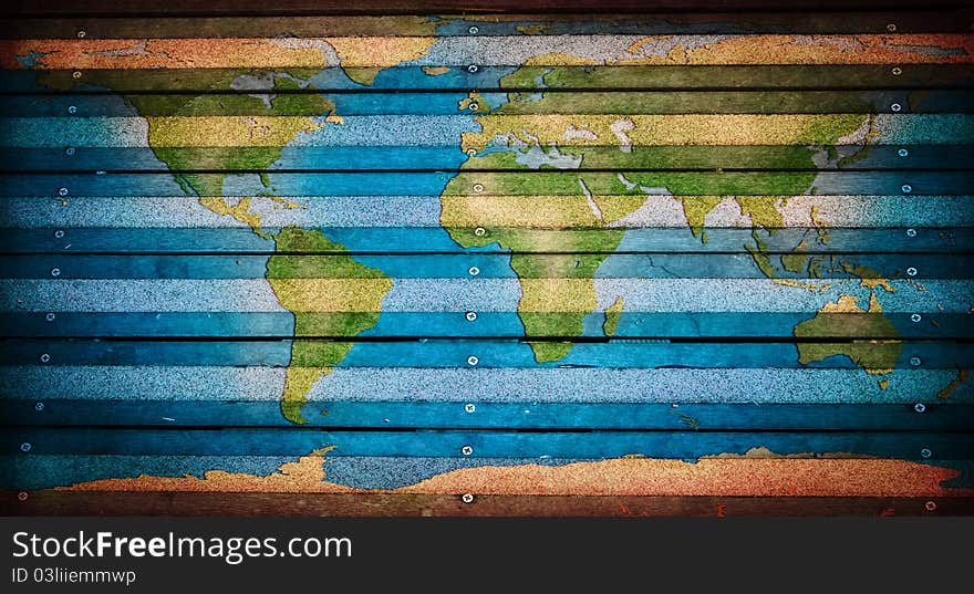 World map on wood texture