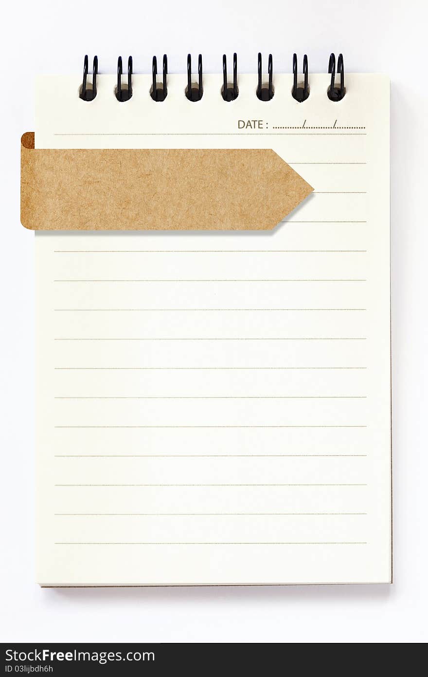 Blank notebook with blank recycle paper label on white background. Blank notebook with blank recycle paper label on white background