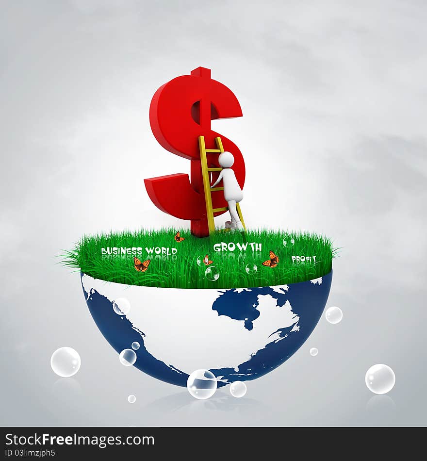 Digital illustration of Man Climbing up the dollar symbol