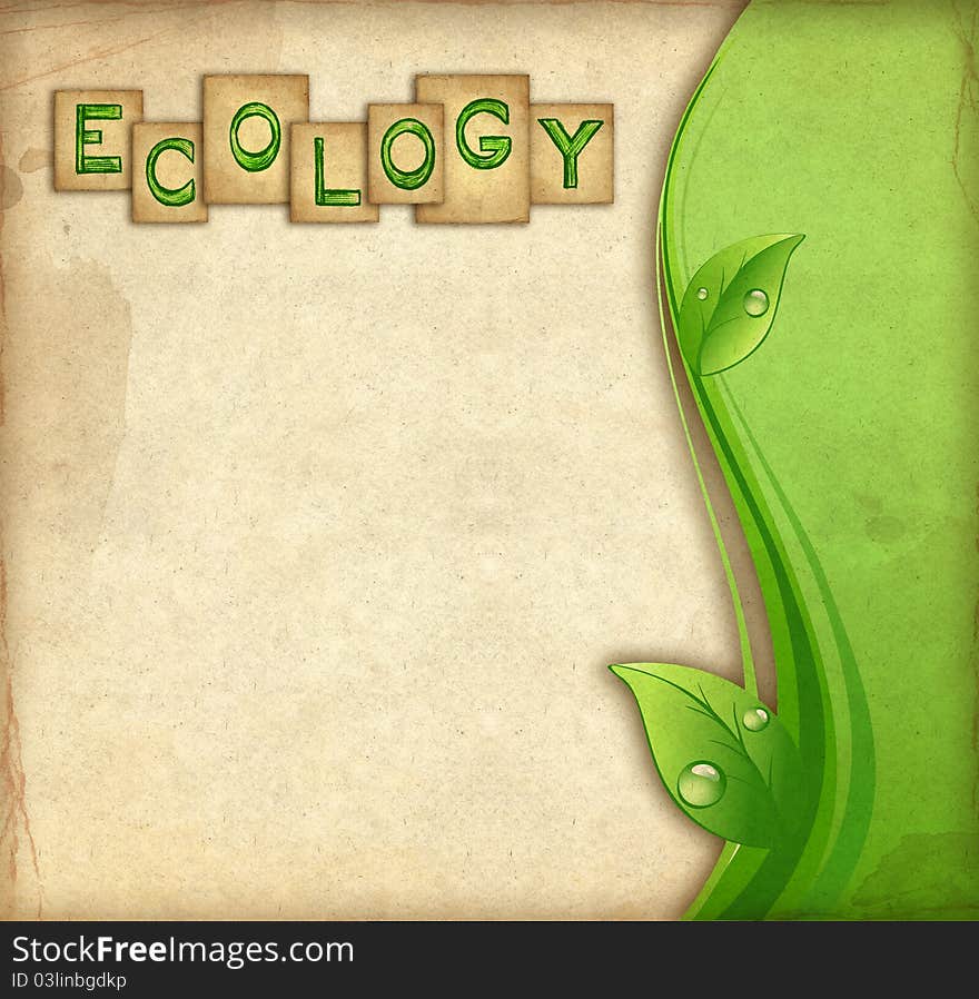 Ecology background. Old paper with green leaves