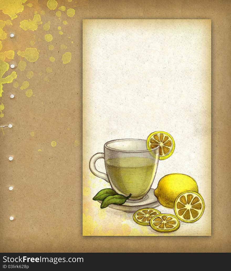 Drawing of glass cup of tea with lemon