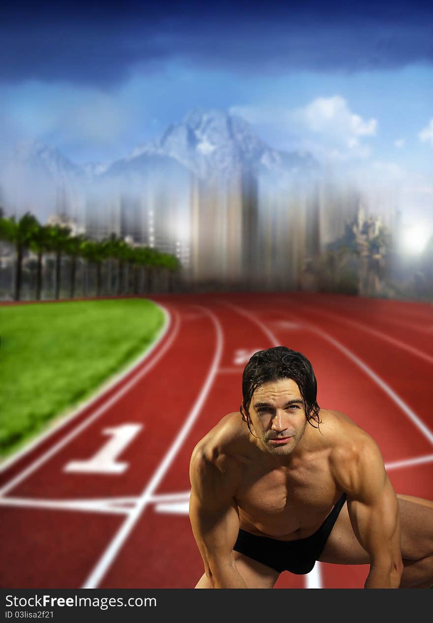 Fantastical portrait of a young muscular male athlete on track field ready to run. Fantastical portrait of a young muscular male athlete on track field ready to run