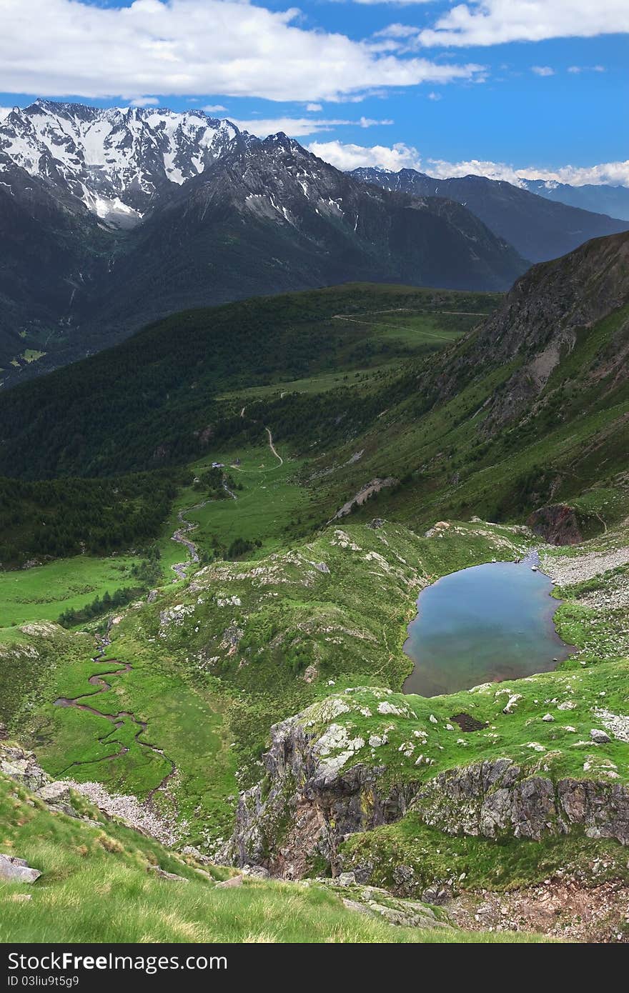 Green Valley. Panorama by the top of Bighera Valley. Brixia province, Lombardy region, Italy