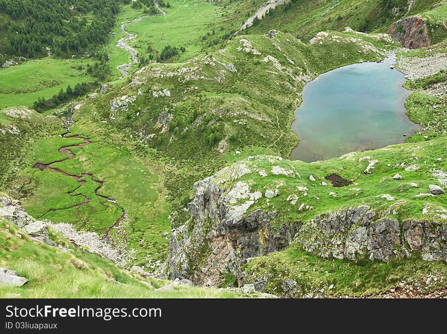 Green Valley. Panorama by the top of Bighera Valley. Brixia province, Lombardy region, Italy