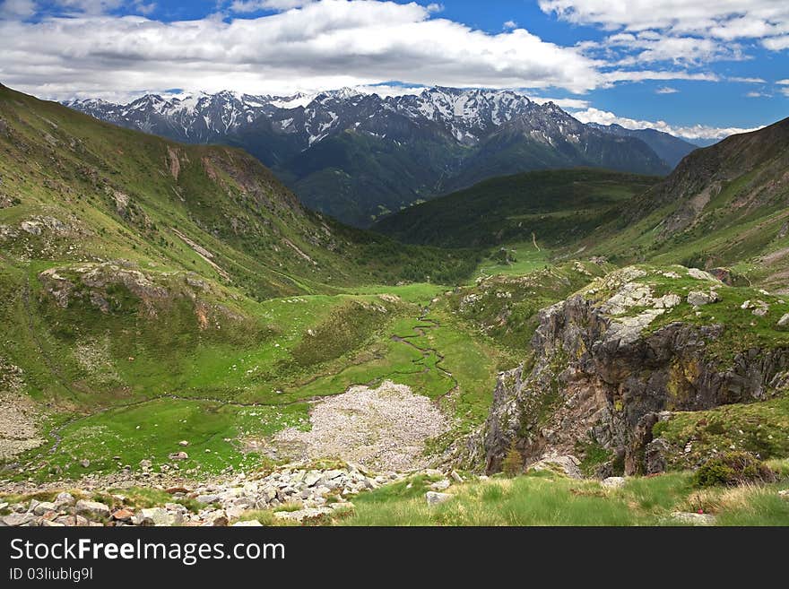 Green Valley. Panorama by the top of Bighera Valley. Brixia province, Lombardy region, Italy