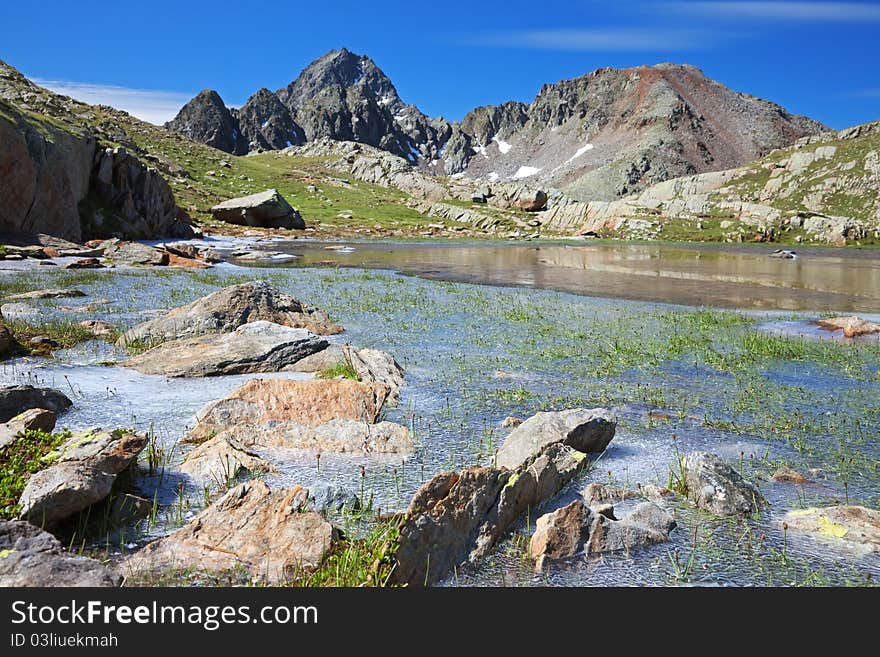 Small icy mountain lakes after a frozen night during summer. Small icy mountain lakes after a frozen night during summer