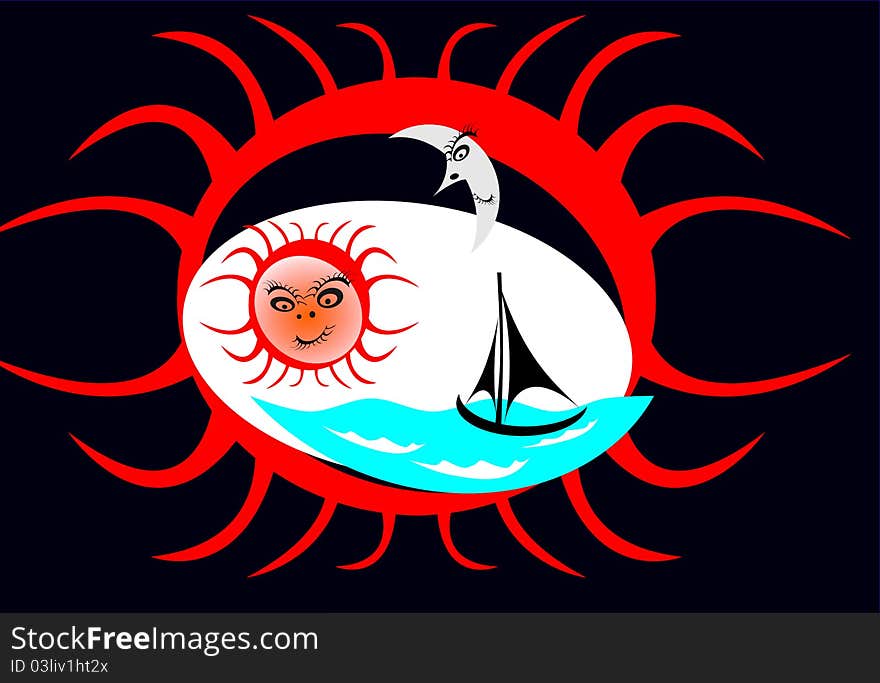 Graphical representation of summer fun. Sailboat, sunset, abstract drawings. The sun and its reflection. Graphical representation of summer fun. Sailboat, sunset, abstract drawings. The sun and its reflection.