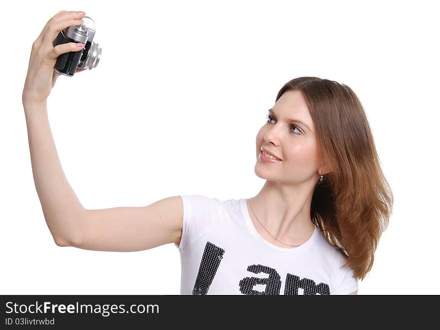 Pretty Woman Taking Photo With Vintage Camera