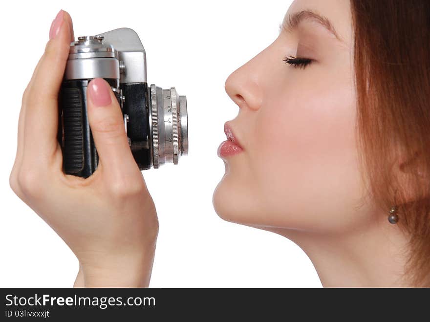 Pretty Woman Taking Photo With Vintage Camera