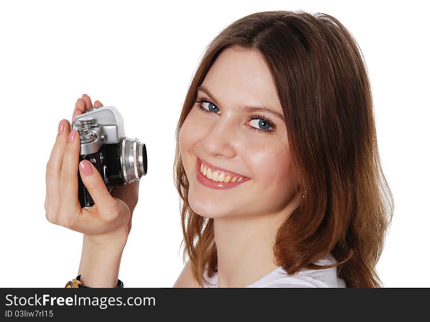 Pretty Woman Taking Photo With Vintage Camera