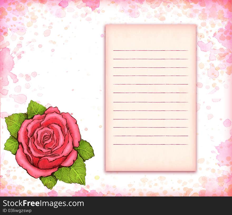 Greeting card with drawing of rose