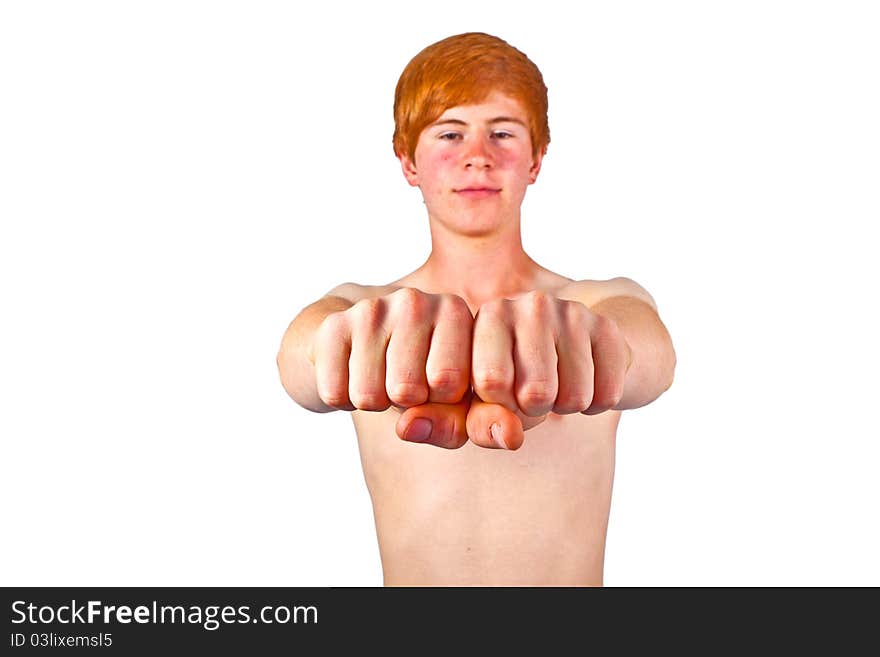 Cute boy with fist isolated on white background