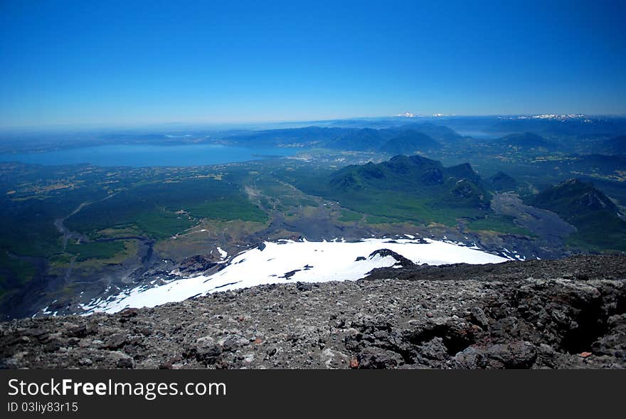 Landscape of Chile that is seen from the top of the Villarica volcano in Pucon, Chile