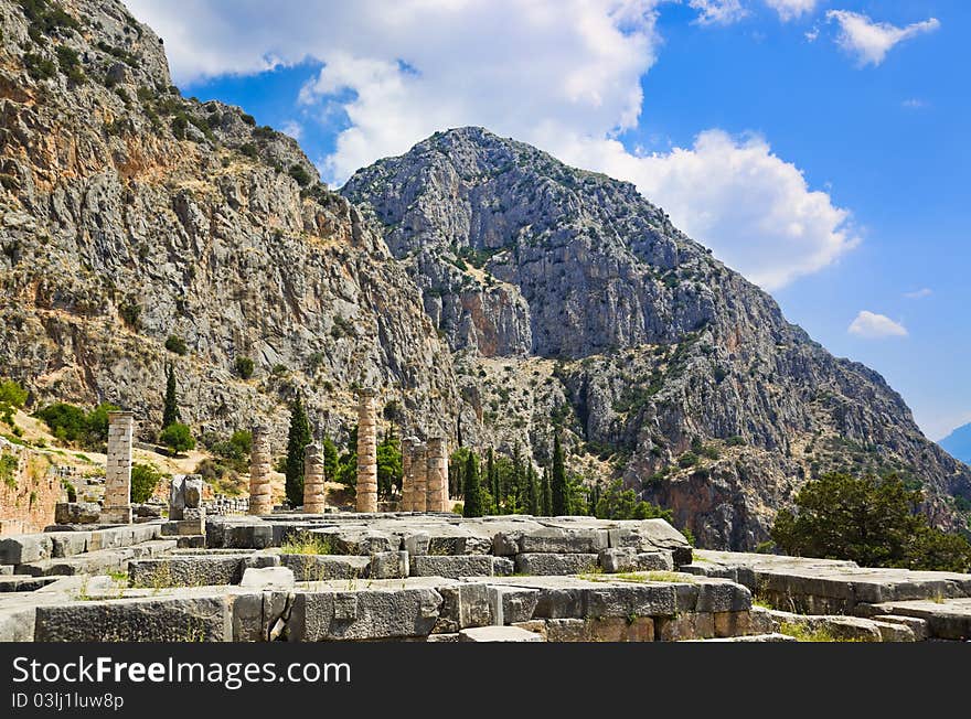 Ruins of Apollo temple in Delphi, Greece - archaeology background